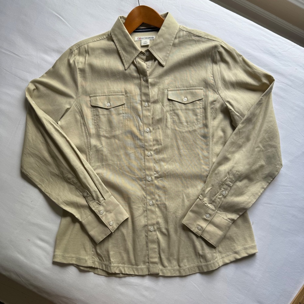 Cutter & Buck Womens Large Tan Khaki Roll Tab Hiking Utility Shirt Coastal‎